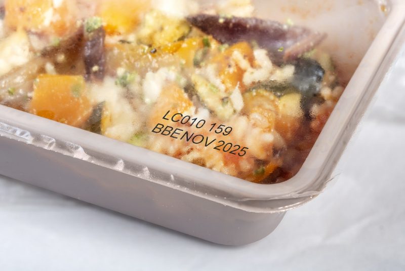 Batch coding on a ready meal packaging Batch coding on a ready meal packaging