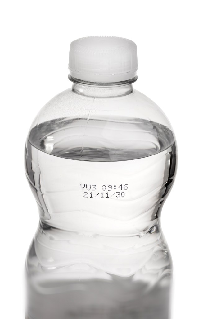 Clear plastic water bottle with black date and batch code Clear plastic water bottle with black date and batch code